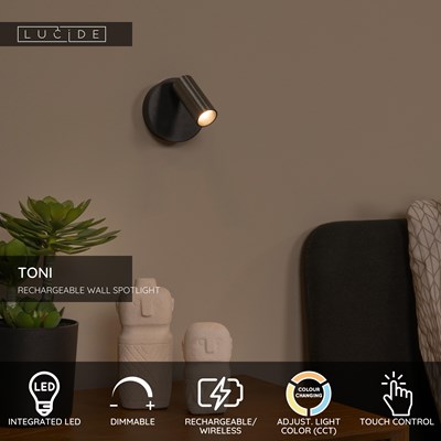 Lucide TONI - Rechargeable Wall spotlight / Wall light - Battery pack - Ø 8,1 cm - LED Dim. - CCT - 1x2W 2700K/4000K - Magnetic - Grey iron